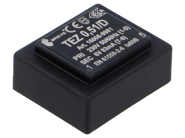 Transformator: ingegoten; 0,5VA; 230VAC; 6V; PCB; IP00; A: 28mm; TEZ Transformator: ingegoten; 0,5VA; 230VAC; 6V; PCB; IP00; A: 28mm; TEZ